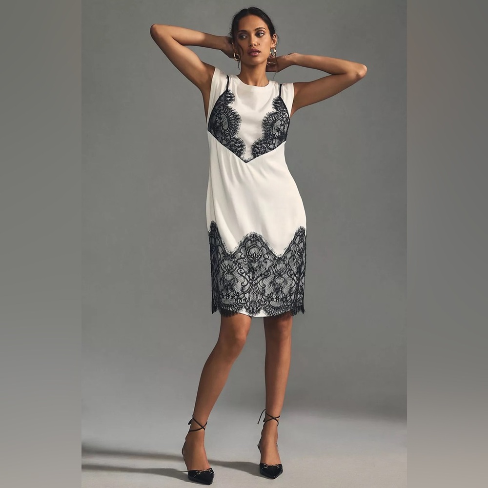 Anthropologie White Mini Dress with Black Lace Overlay
